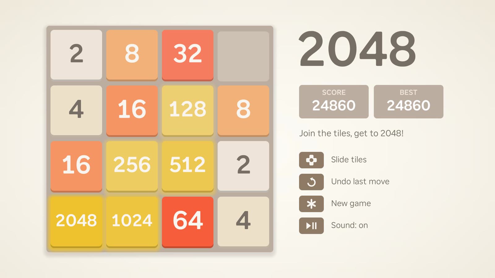 A 2048 game in progress on a TV, with 2048 and 1024 tiles on the board