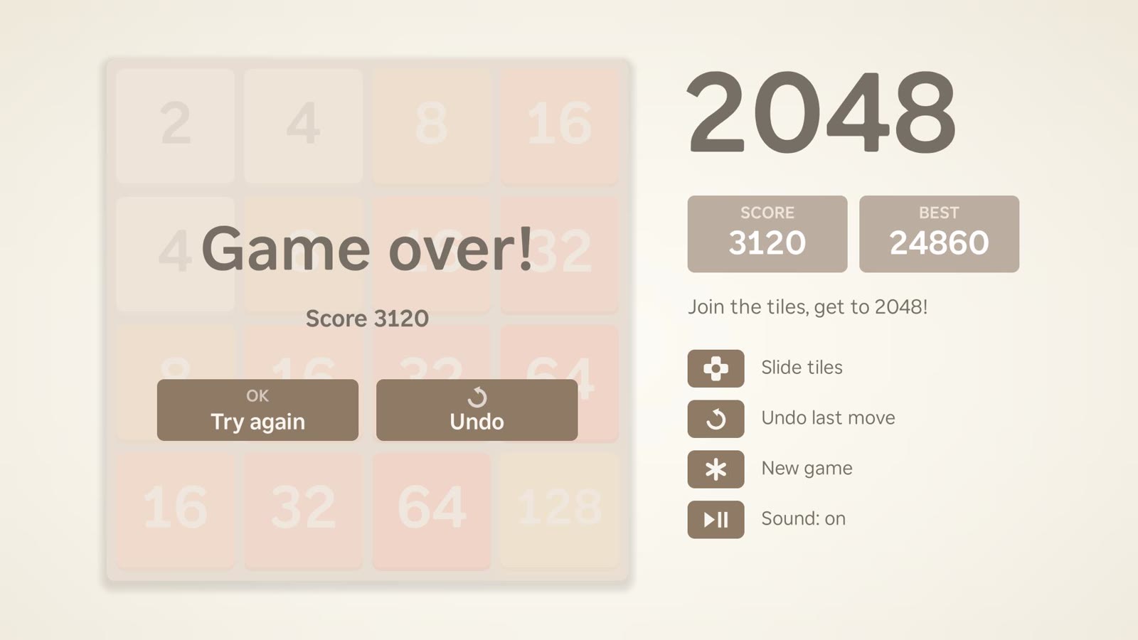 The Game over screen with an Undo option