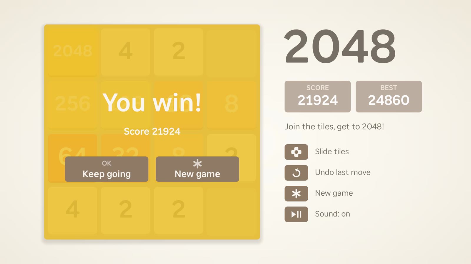 The You win! screen